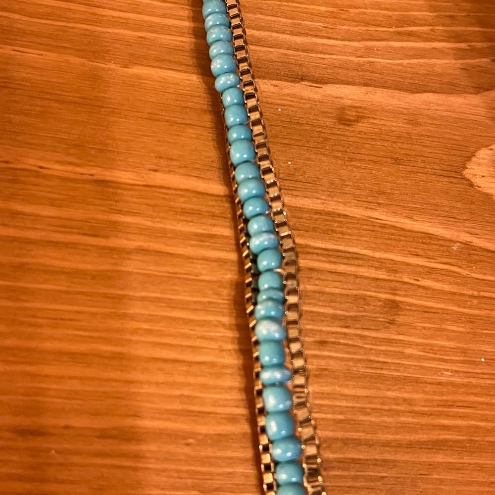 Turquoise color beaded wrap bracelet with gold edging and clasp 21” - Picture 9 of 9